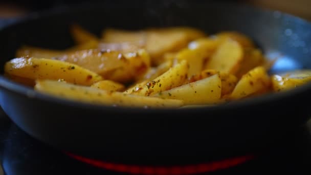 Smażone Ziemniaki Plasterkach Patelni Przyprawami — Wideo stockowe