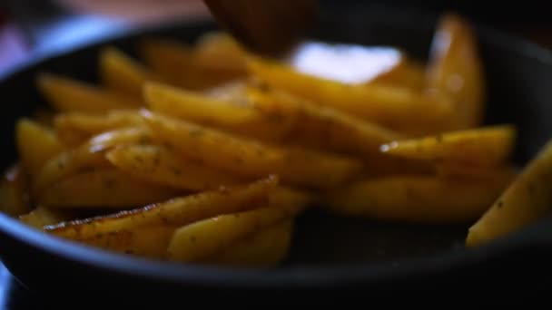 Patatas Fritas Rodajas Sartén Con Especias — Vídeo de stock