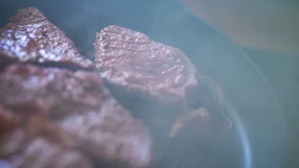 唐辛子入りの牛ステーキをフライパンで揚げたもの — ストック動画