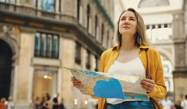 Woman Tourist Map Stands Galleria Umberto Naples — 스톡 사진
