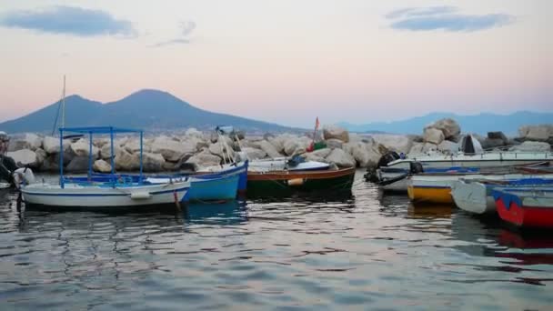 Rybářské Čluny Pozadí Hory Vesuv Neapoli — Stock video