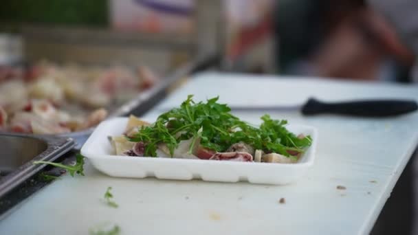 Making Fresh Bovine Offal Intestines Cow Offal Salad — Stock Video