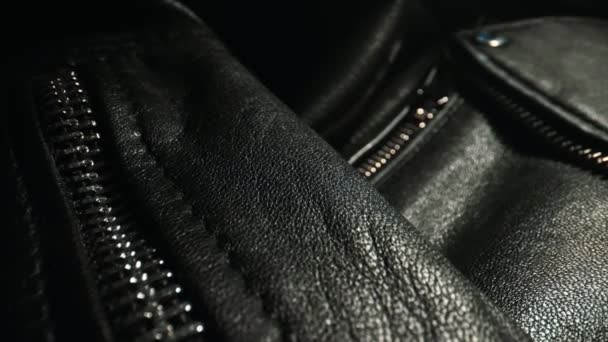 Black Leather Jacket Details Close — Stock Video