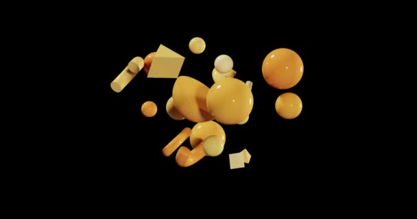 Abstrakte 3D-Objekte auf schwarzem Hintergrund, Komposition fliegender Formen, gemischte realistische Materialien — Stockvideo