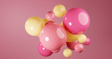 3 boyutlu kümelerle soyut bileşim. Pembe parlak gerçekçi baloncuklar. Topların gelecekteki arkaplanı