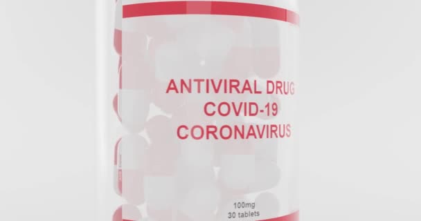 흰 알약 과빨간 알약 이 많이 들어 있는 병 의 3d 애니메이션 이 닫 힙 니다. 의료 개념 Virus Pandemic Protection, Coronavirus COVID-19 — 비디오