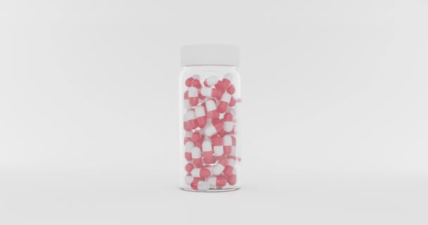 3d animation of bottle with many white and red pills, close up. Medical concept of Virus Pandemic Protection, Coronavirus COVID-19 — Stock Video