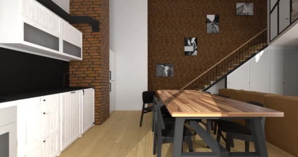 Modernes Wohnzimmer mit Kochnische. Luxus-Zwei-Ebenen-Wohnung. 3D-Visualisierung — Stockvideo
