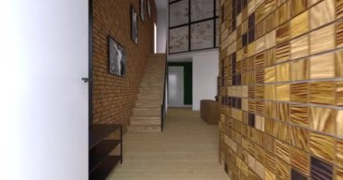 Mutfak alanı olan modern oturma odası. Lüks iki katlı daire tasarımı. 3d görselleştirme
