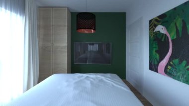 the interior of a small bedroom in the early morning with natural light in a minimalist style - the camera flies into the room through the window
