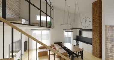 Mutfak alanı olan modern oturma odası. Lüks iki katlı daire tasarımı. 3d görselleştirme