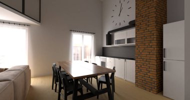 Mutfak alanı olan modern oturma odası. Lüks iki katlı daire tasarımı. 3d görselleştirme