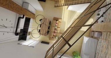 Mutfak alanı olan modern oturma odası. Lüks iki katlı daire tasarımı. 3d görselleştirme, üst görünüm