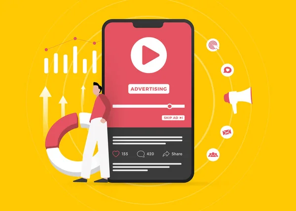 Video Advertising business concept. Online native targeting programmatische reclame marketing strategie. Inkomende promotie voor digitale marketing met online uitzendingen, streaming van video-inhoud — Stockvector
