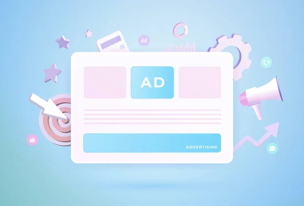 Online Advertising - Programmatisches und natives Marketing-Strategiekonzept für Anzeigen. Bannerblock für digitale Werbemedien auf Webseiten, Medienförderung. Vektor 3D Illustration — Stockvektor