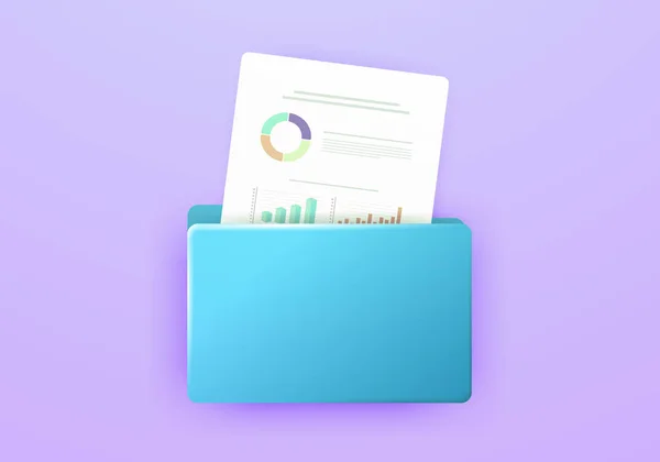 Computer folder icoon met financiële rapporten met grafiek en spreadsheets 3d vector concept met trendy 2023 kleuren - digitale lavendel en rustige blauw — Stockvector