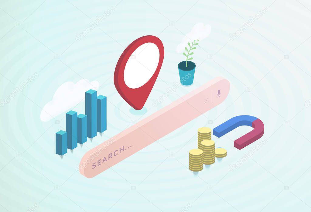 Local Search Optimization isometric concept. SEO Marketing Strategy for better finding local business. Search bar, rating, chart, backlinks, meta tags and local pin icons. Modern vector illustration.