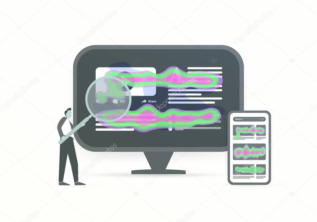 Website heat map seo analytics tools concept. Analysis mouse and eye tracking heatmap of client behavior on the site opened on desktop and mobile devices. Vector 3d illustration