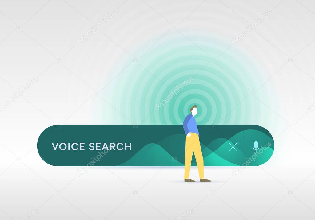 Voice Search technology concept - Speech to Text Searching Assistant and sound recognition illustration. The drawn character says the search query. Flat design vector illustration.