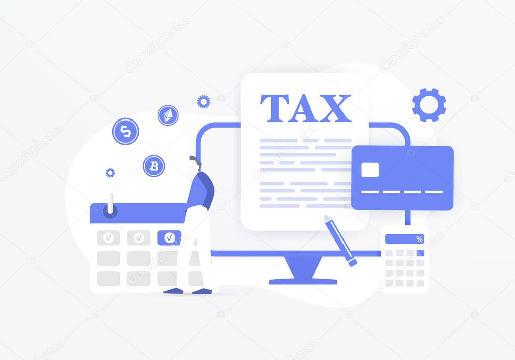 Online Tax Payment concept. E-tax Invoice, e-Receipt illustration. State Government, revenue department taxation, personal income taxes. Remote tax payment using bitcoin cryptocurrencies, bank cards