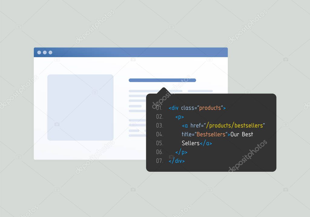 Anchor text or link label clickable text in an HTML hyperlink. Optimize link anchors for increase traffic and improve SEO. Vector illustration in flat design