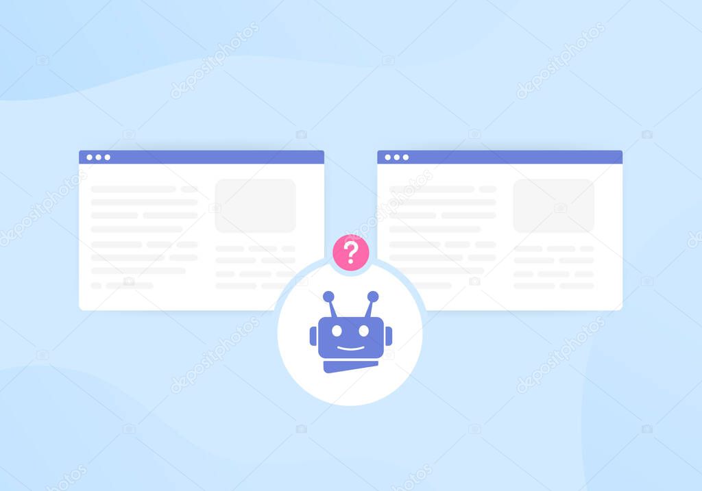 Duplicate Content and SEO vector concept. The search robot finds the same duplicate or closely similar web page content on the site and does not know which one to add to search engine results pages