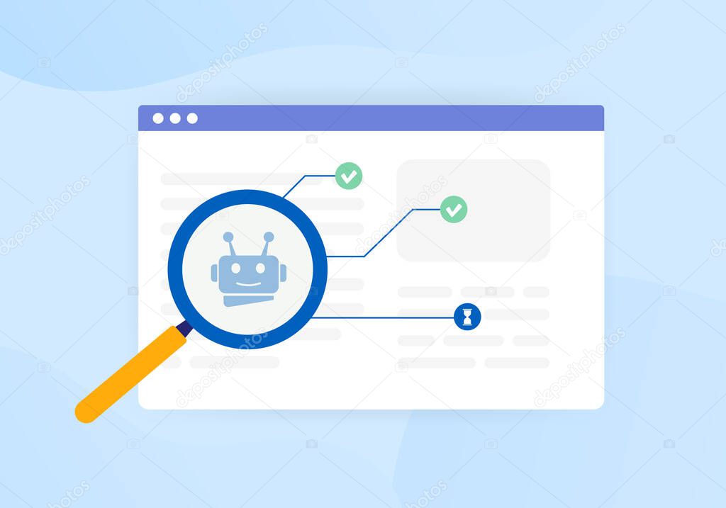 Indexed or Non-Indexed pages concept. Search robots crawl the website and find pages to add to the database of web pages. Vector illustration in flat design.