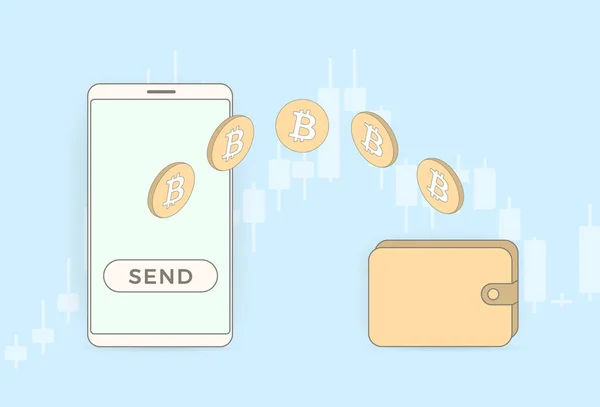 Het Verzenden Van Bitcoin Digitaal Geld Van Een Mobiele Wallet — Stockvector