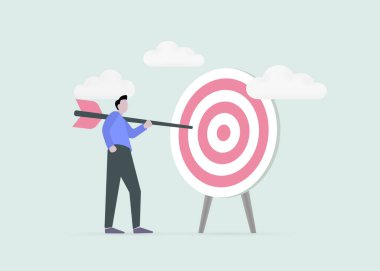 Reaching goal or achievement on your own and alone, successful aiming at target. Business man carry archery bow to hit target bullseye vector concept illustration.