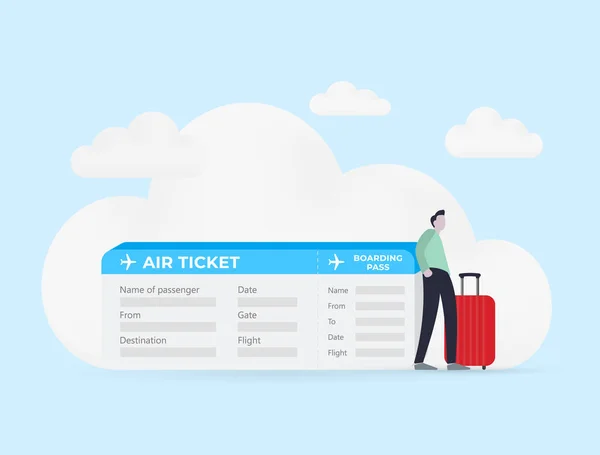 住居の変更の概念 大きな赤い荷物を持つ文字は 青い雲の背景イラストで 大きな搭乗券 彼のフライトの航空券の横に立っています — ストックベクタ