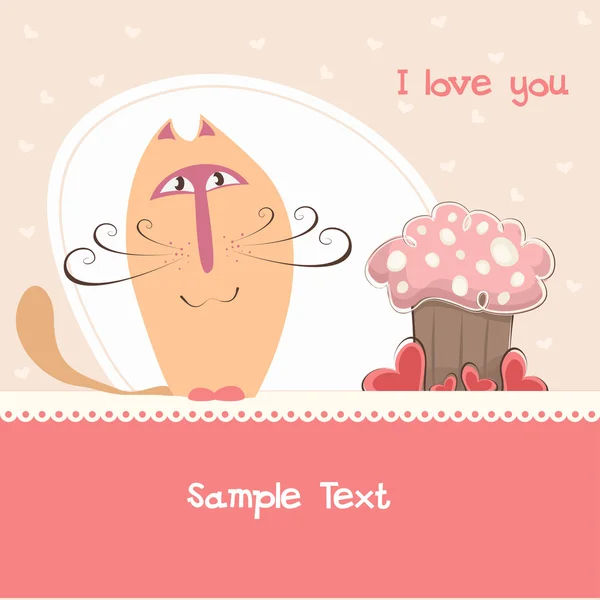 Postal de San Valentín con el gato y el pastel — Vector de stock