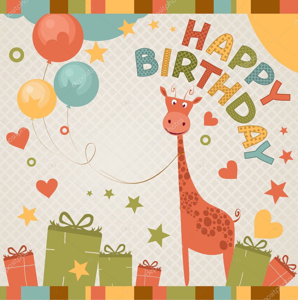 cute happy birthday card with giraffe.