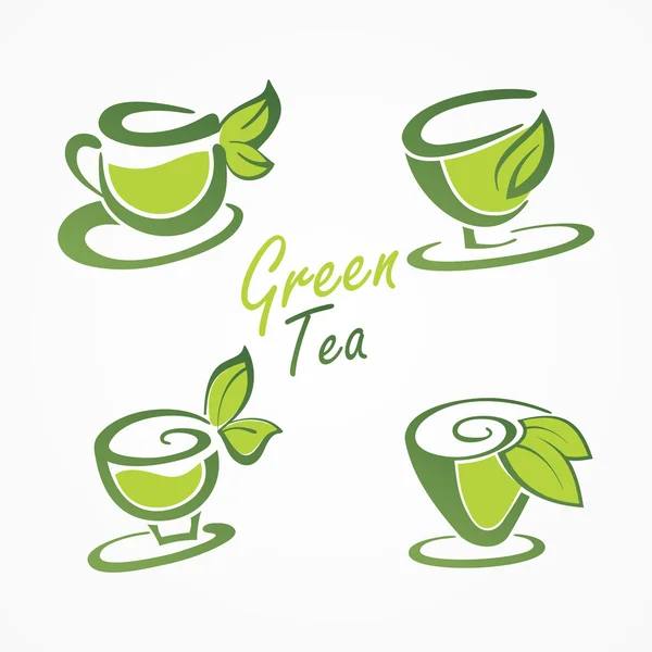 Cups tea and green leaves. — Stock Vector
