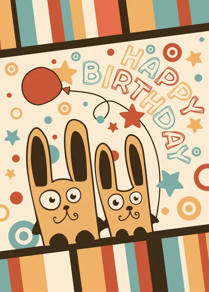 З днем народження листівка з повітряними кулями та кроликами — стоковий вектор