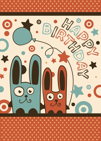 Feliz cumpleaños con globos y conejos — Vector de stock