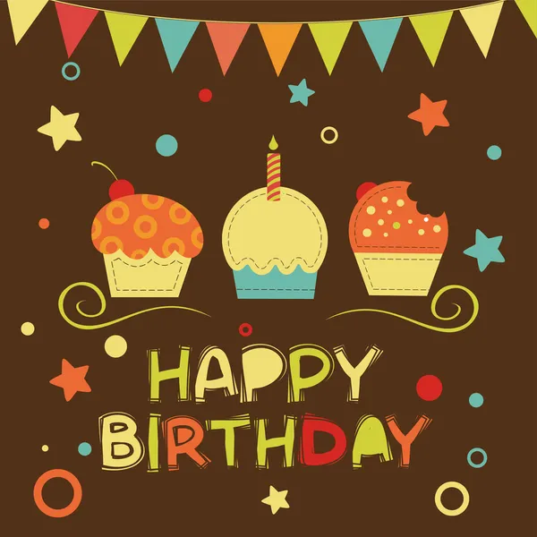 Cartão de aniversário feliz bonito com cupcake. ilustração vetorial — Vetor de Stock