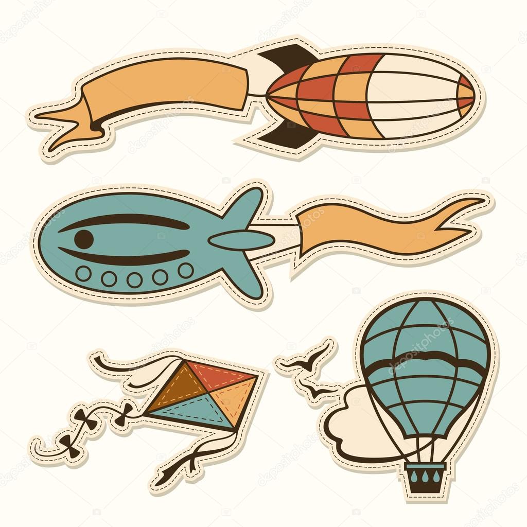 Set of two retro blimps with sign flag , kite, hot air balloon sticker