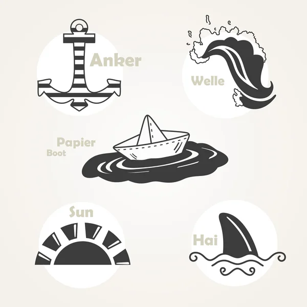 Jeu de symboles marins dessinés à la main — Image vectorielle