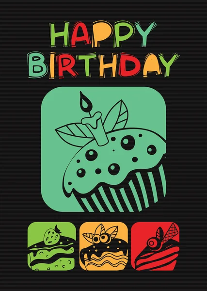 Linda tarjeta de cumpleaños feliz con cupcakes — Vector de stock