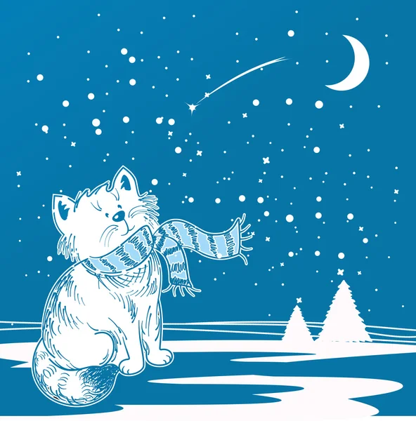 Winter illustratie met kat in sjaal. — Stockvector