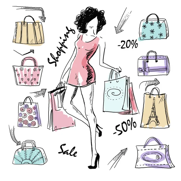 Ilustración de una niña sosteniendo bolsas de compras — Foto de Stock