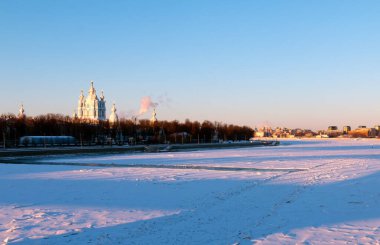 View to Smolny Cathedral and Neva river. Sunny winter day. Sankt Petersburg, Russia. 