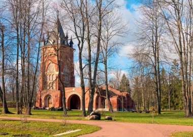 Pushkin, Russia - October 24, 2021: View of Chapelle Pavilion on a sunny October day. Alexander Park of Tsarskoe Selo 