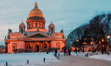 St Isaac's Cathedral in Saint Petersburg winter frosty evening. January 8, 2022.