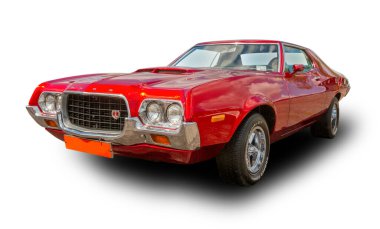 Amerikan spor arabası Ford Gran Torino Sport 2-Kapı 1972 beyaz arka planda izole.