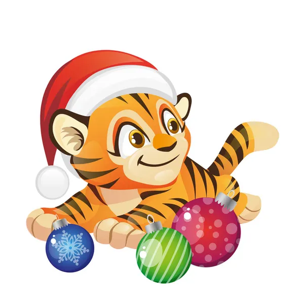 Joli Petit Tigre Symbole Année Joue Avec Des Boules — Image vectorielle