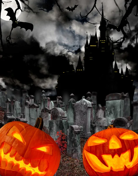 Gruselige Halloween-Kürbisse mit Burgsilhouette auf Hintergrund — Stockbild Halloween-Hintergrund — Stockfoto