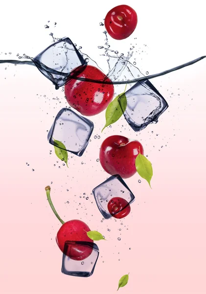 Fresh cherries with ice cubes — Stock Photo, Image