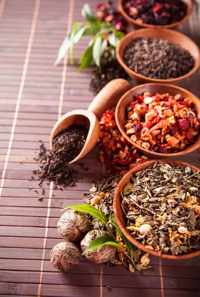 Various dry tea in small bowls — Stock Photo, Image