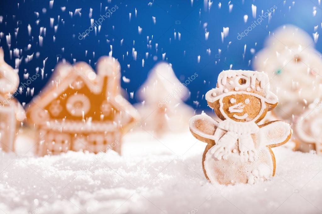 Christmas gingerbread with falling snow